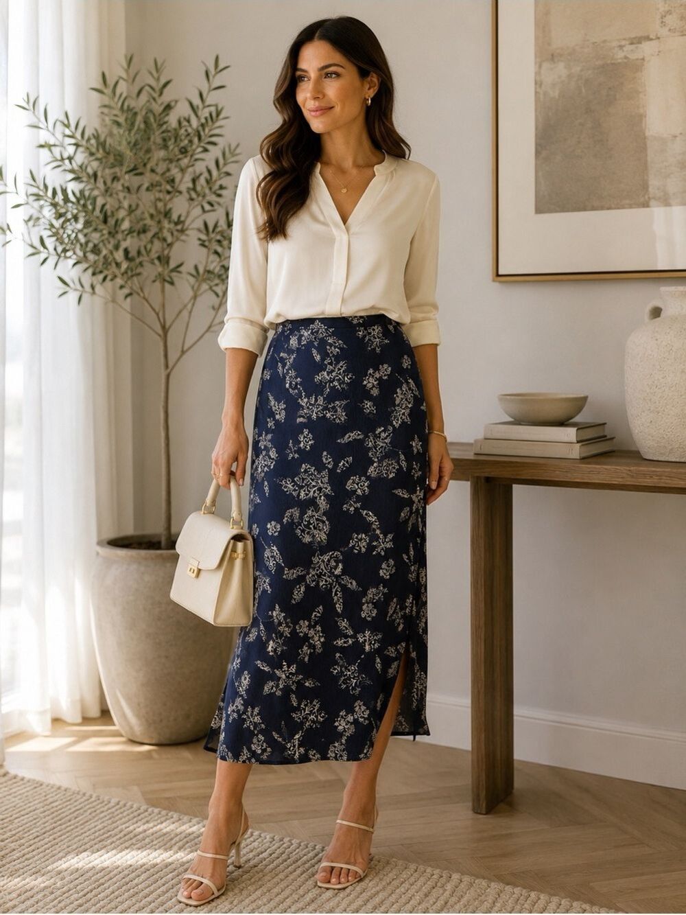 Rena Rowan 100% Silk Navy & Ivory Printed Midi Skirt | Size 10